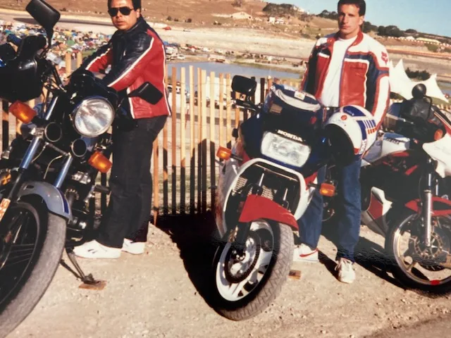 Two riders with their sport bikes, from the archive