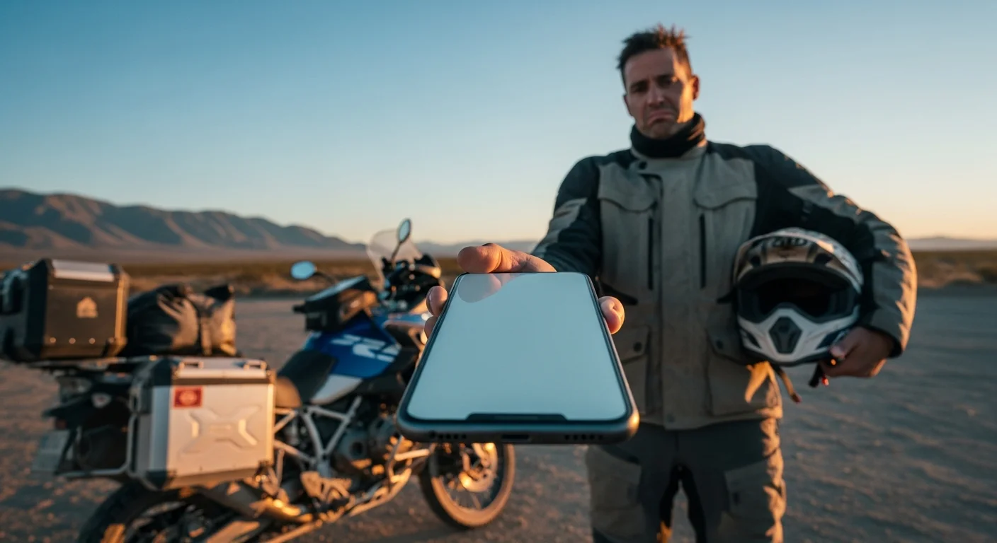 Adventure motorcyclist in dusty riding gear holding a smartphone large in the foreground, screen lit but empty — adventure motorcycle with panniers behind in golden-hour high desert. The silent phone is the relationship the brand never built.