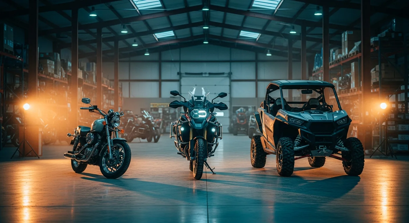Three powersports machines staged in a symmetrical lineup inside a cavernous warehouse — a 1970s-era cruiser, a modern adventure motorcycle, and a contemporary side-by-side UTV — three eras of the sport together in shafts of dusk light. A generational portrait of an industry in transition.
