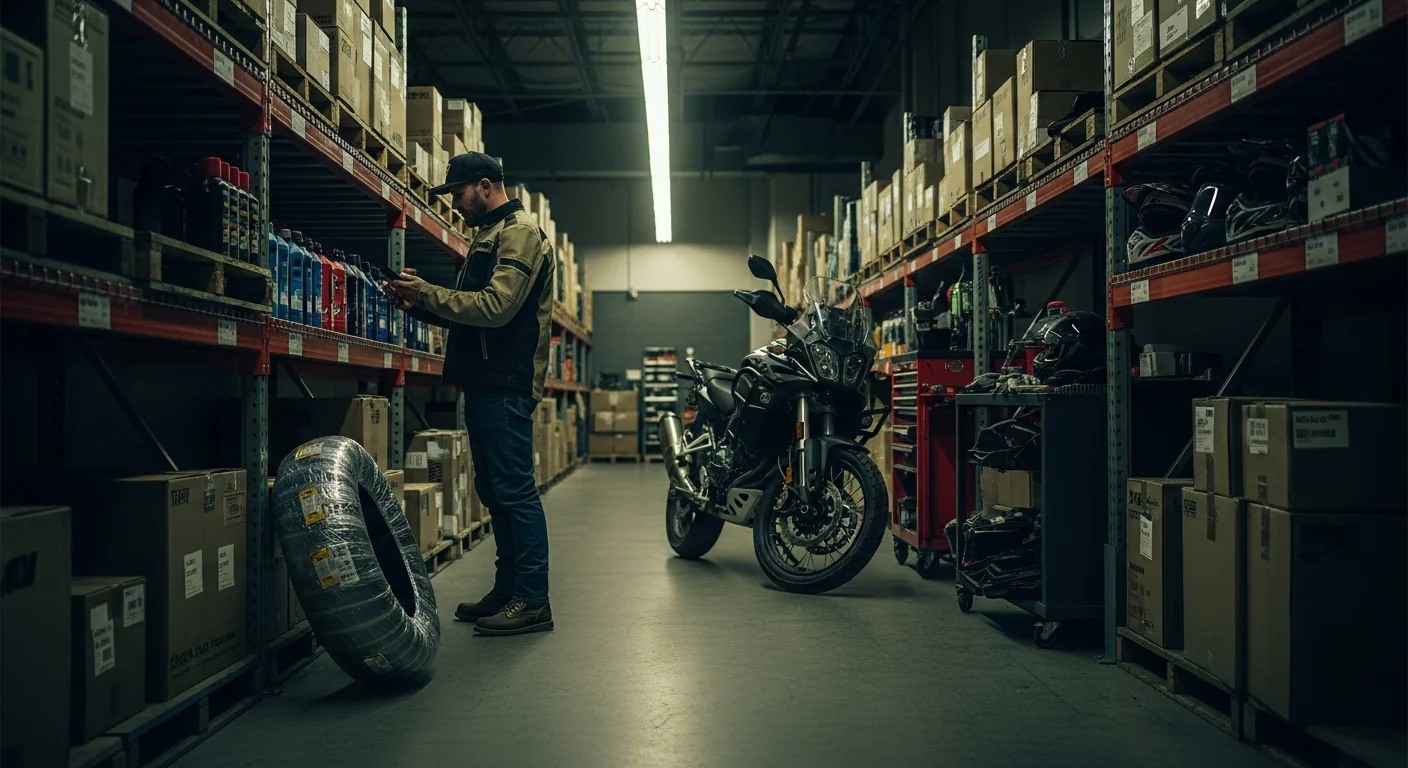 Powersports dealer rep on the phone in a parts back-of-house, comparing a partner-portal screen against the SKU on the shelf, dirt bike on a service stand mid-aisle